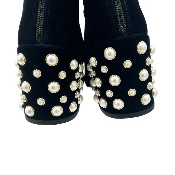 Stuart Weitzman Bacari Navy Velvet Pearl Heeled Boots - Picture 7 of 12